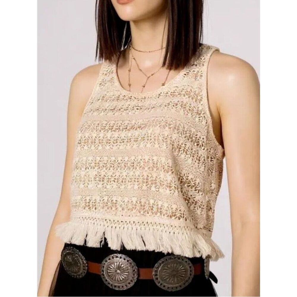 Beige Knit Fringe Trim Tank Top - Boho Western NWT